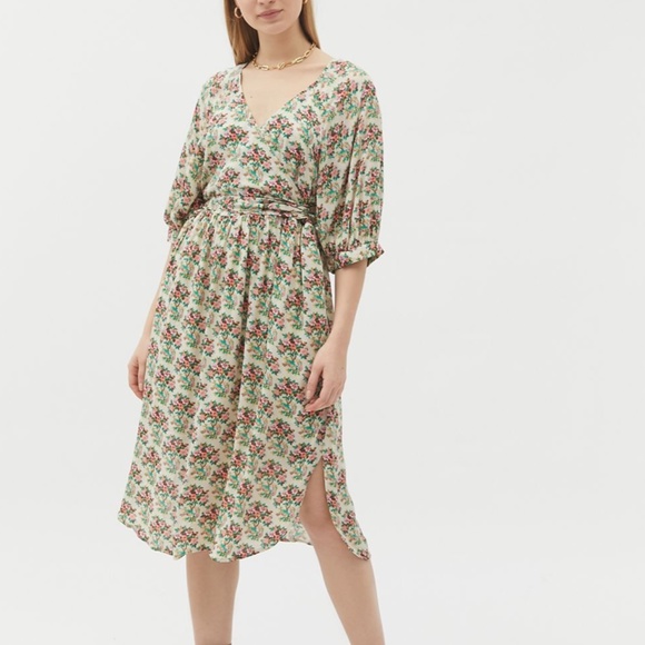 Joey Surplice Faux Wrap Core Floral Boho Peasant Hipster Hippie Farm Artsy Dress - Picture 2 of 5
